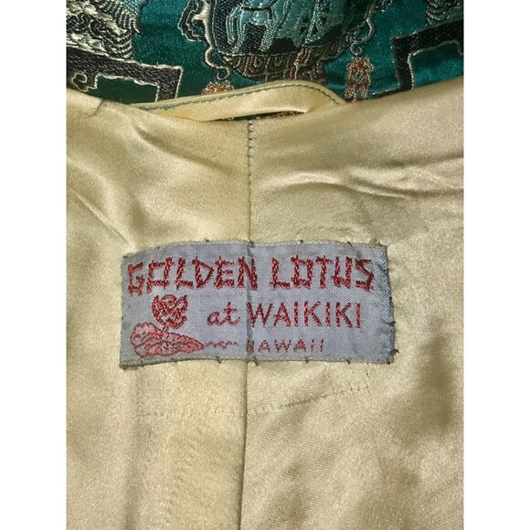 VTG 50's Golden Lotus at Waikiki Satin Embroidered Jacket Pockets Teal Boho Sz L - Picture 5 of 11
